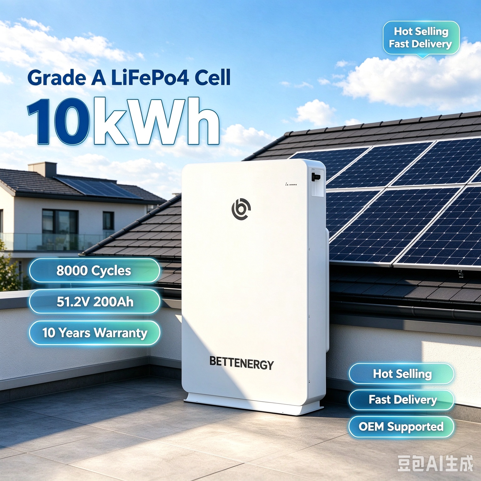 Bettenergy 10 Years Warranty 10kWh 51.2V 200Ah LiFePO4 Low Voltage Battery for Home Solar Energy Storage Built-in Smart BMS